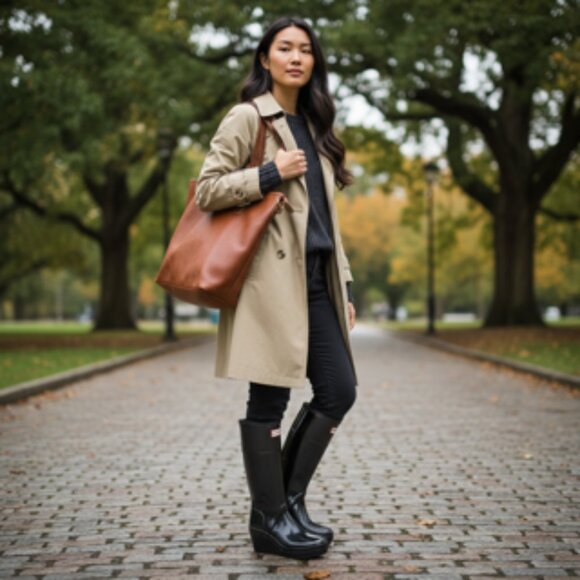 Hunter Original Tall High Gloss Wedge Rain Boots Black Rubber Heeled WMS Size 8 - Picture 2 of 15